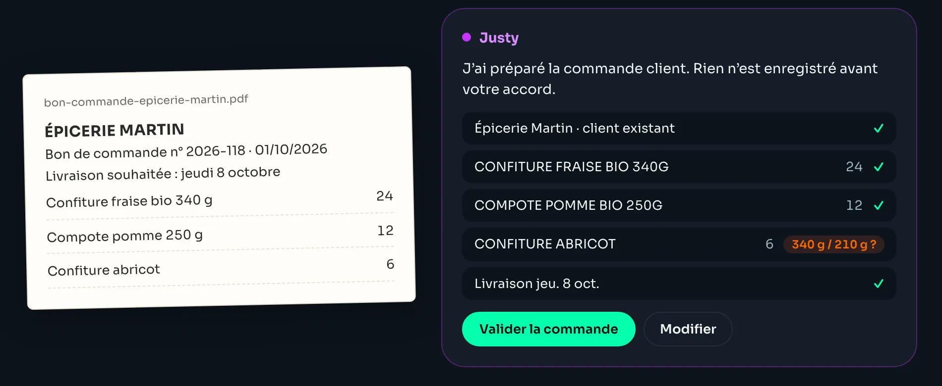 À gauche un bon de commande PDF, à droite la commande préparée par Justy, avec une question sur un format ambigu avant validation